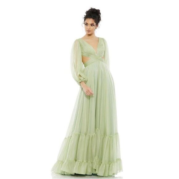 Mac Duggal Sz 8 Lace Up Chiffon Ruffle Tiered Goddess Gown Maxi Dress NWT $598 - Picture 15 of 15
